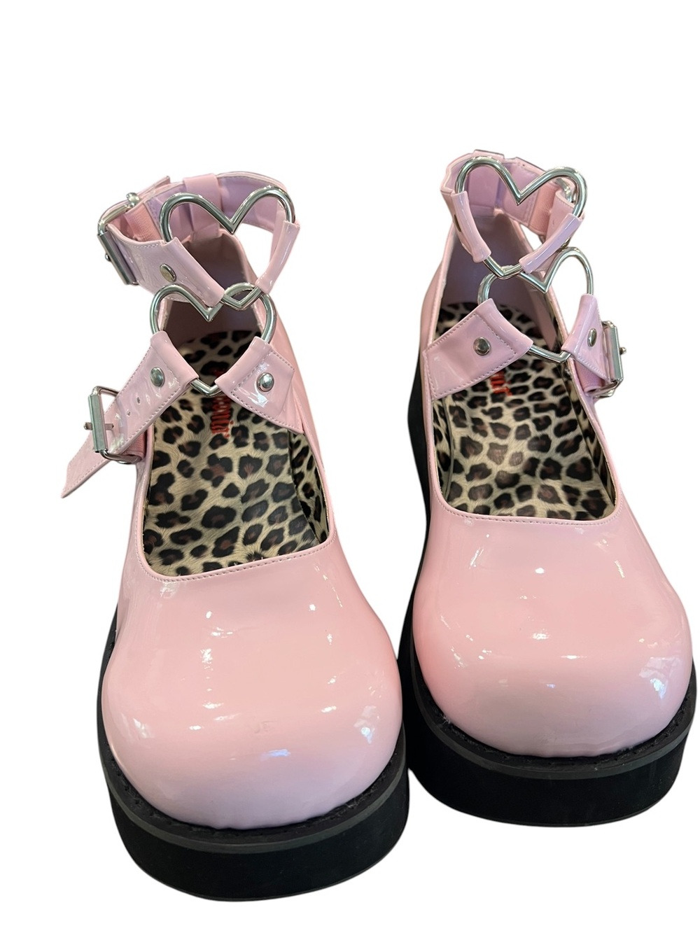 Demonia Pink Patent Platform Mary Janes Size 12 Heart Strap Goth Alt Chunky Shoe - Picture 5 of 10